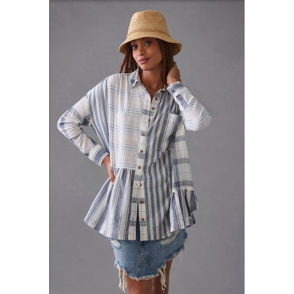 Pilcro Tops - Pilcro Buttondown Flounce Shirt Size medium Blue White Lightweight